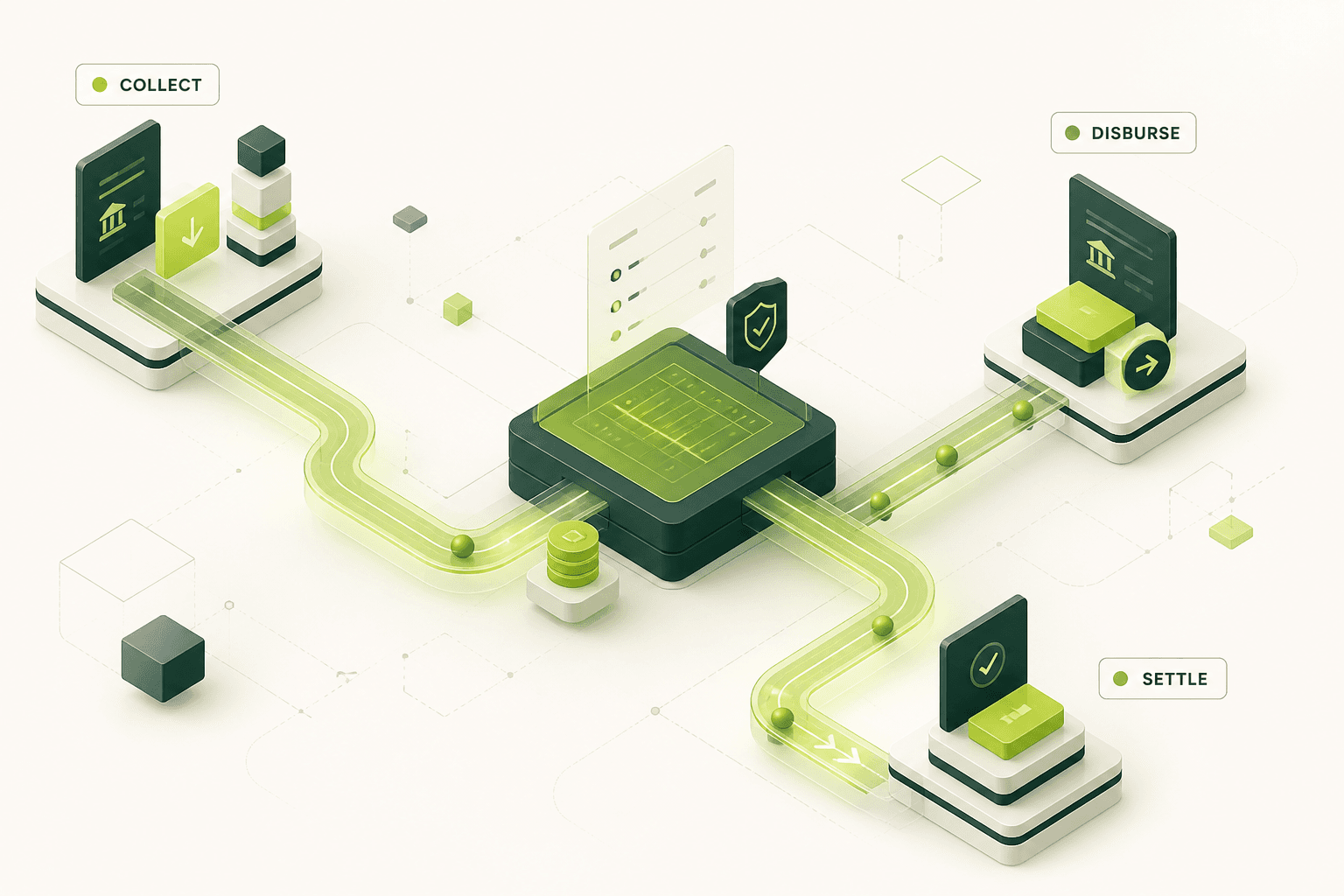 Abstract Finmatrix payment rails connecting collection, disbursement, and settlement